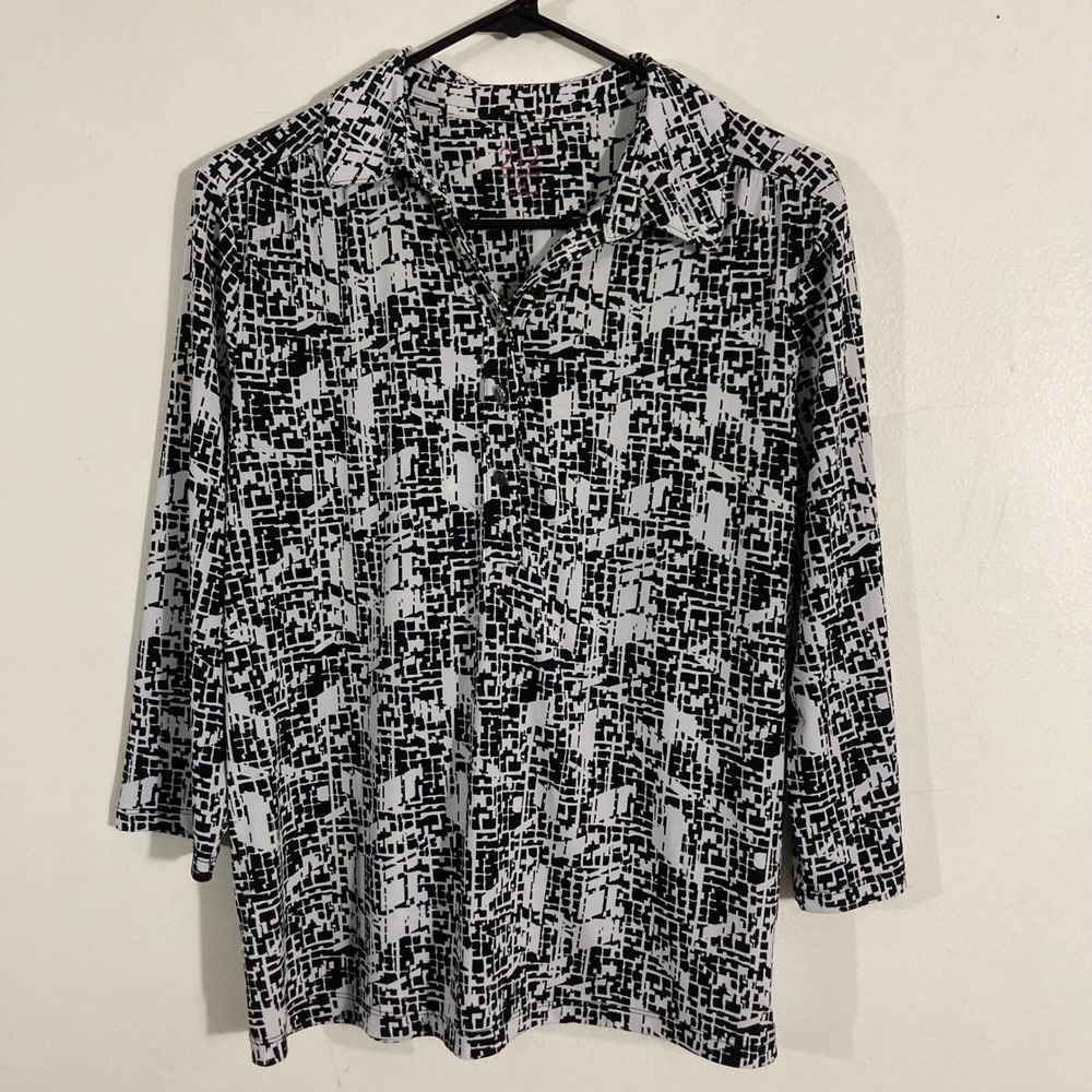 212 Collection Blouse Womens Medium Black White Geometric 3/4 Sleeve  MOD